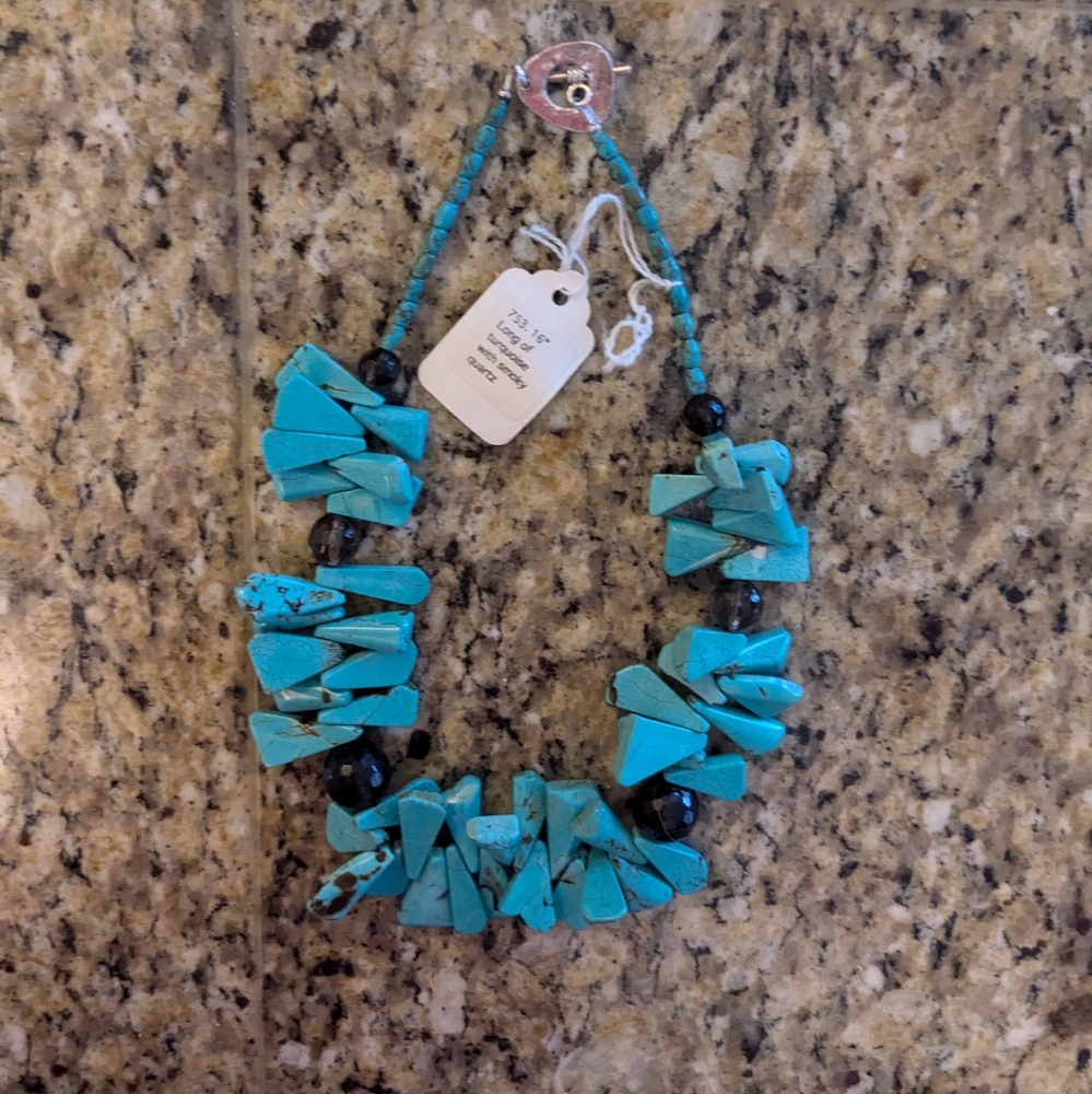 Turquoise & Smoky Quartz Chunky Beaded Necklace 16"